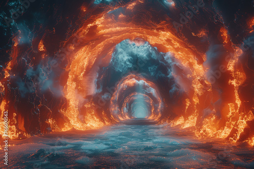 An inferno raging within an icy cavern, illustrating the clandestine battle between opposing elements. Concept of subterranean conflict. Generative Ai. photo