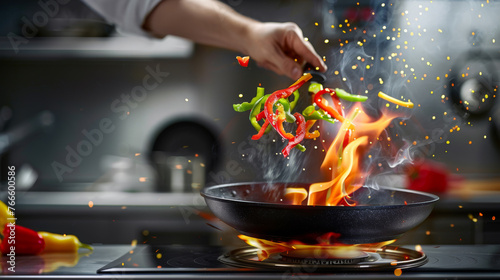 A pan with colorful vegetables is being flambeed on a gas stove.