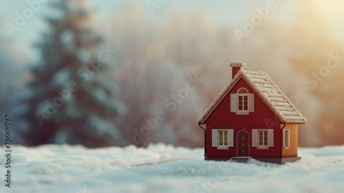 Miniature house on snowy landscape  suitable for winter themes