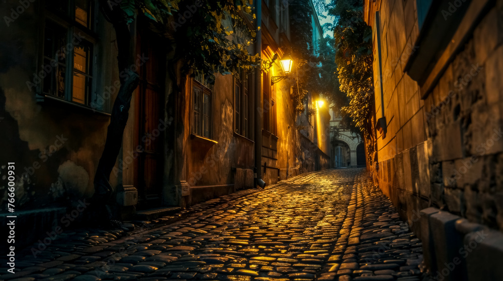 Enchanting cobblestone alley at dusk