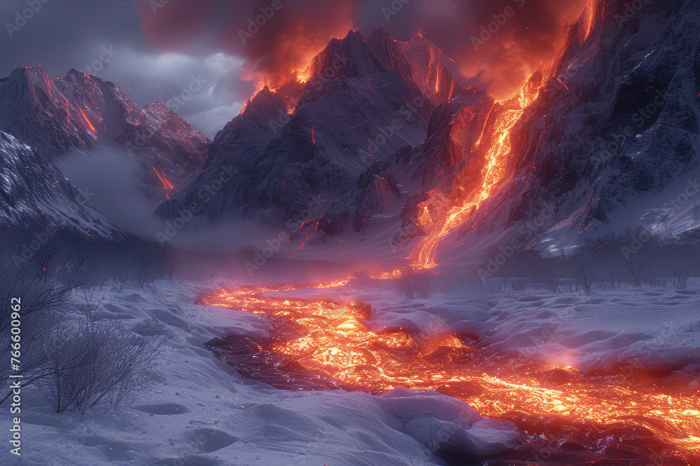 A river of molten lava coursing through an icy canyon, illustrating the dramatic encounter of fire and ice. Concept of geological drama. Generative Ai.