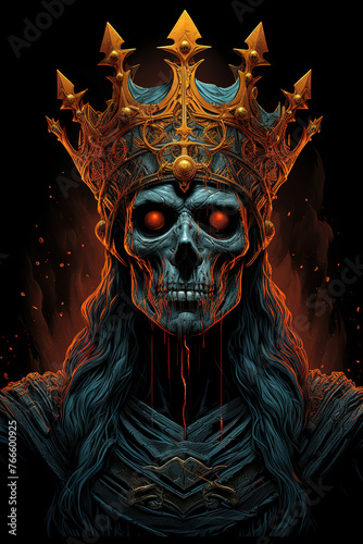 A dark skeleton with a gold crown on his head