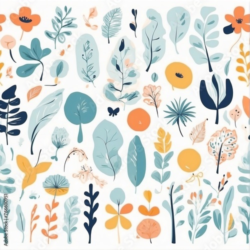 A collection of seamless pattern  colorful abstract plants and flowers. Hand drawn Collection of leaves and flowers. A close up of a pattern of flowers and leaves. 