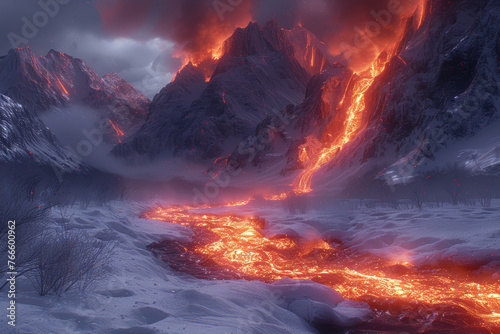 A river of molten lava coursing through an icy canyon, illustrating the dramatic encounter of fire and ice. Concept of geological drama. Generative Ai. photo