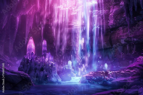 Enchanting Waterfall of Luminous Crystals, Cascading with Melodic Harmonies, Mystical Fantasy Landscape, Surreal Dreamscape