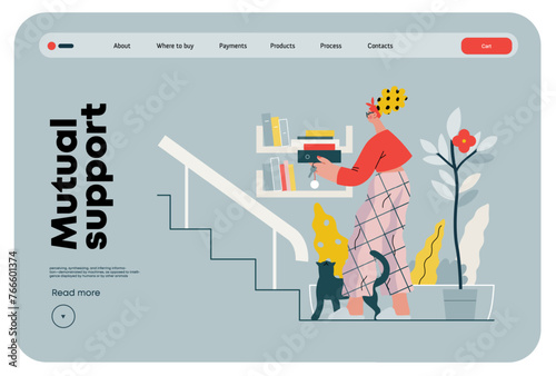Mutual Support: Book Swap -modern flat vector concept illustration of a woman leaving books on a shelf in hallway for neighbors A metaphor of voluntary, collaborative exchanges of resource, services