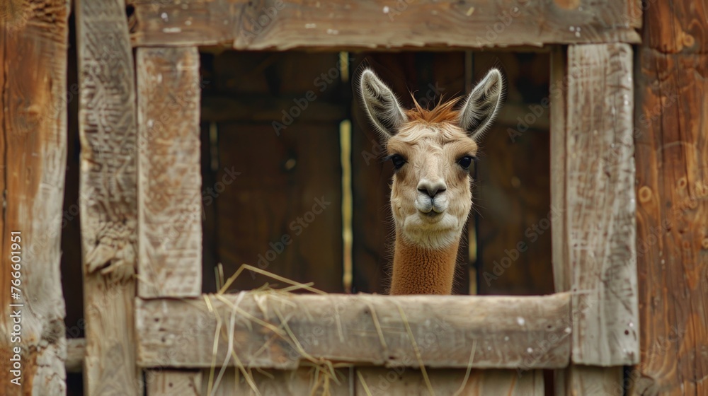 Obraz premium Curious llama looking out of window, suitable for animal concepts