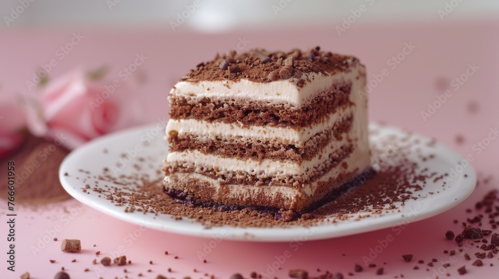 A delicious piece of chocolate cake on a plate. Perfect for food and dessert concepts A delicious piece of chocolate cake on a plate. Perfect for food and dessert concepts
