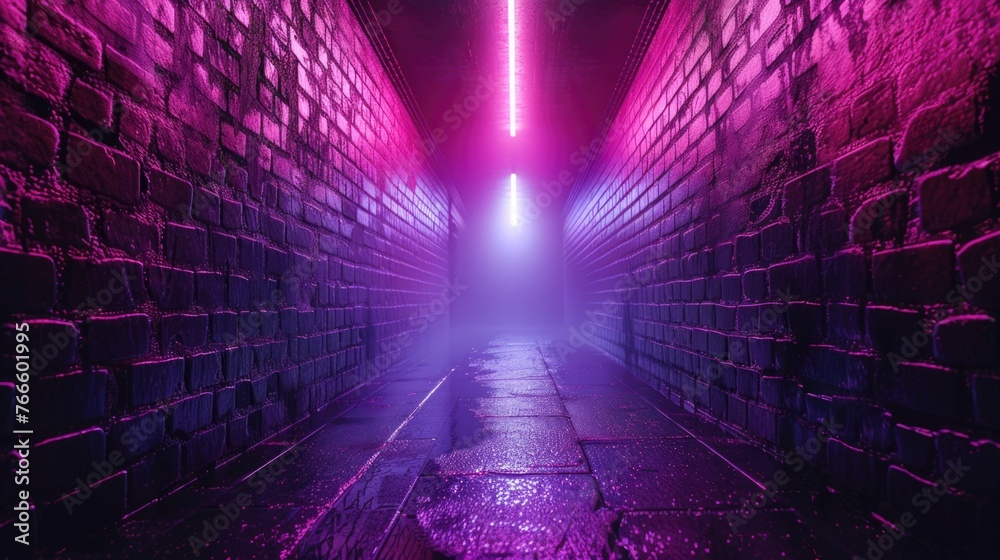 A mysterious dark alley with a neon light at the end. Perfect for urban and suspense themes - obrazy, fototapety, plakaty 