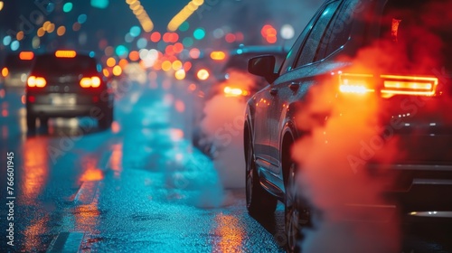 Tail lights illuminate a wet city street as cars navigate through a rainy night, reflecting a vibrant urban life