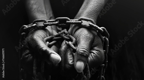 Close-up of hands holding a metal chain, useful for illustrating concepts of strength or connection © Fotograf