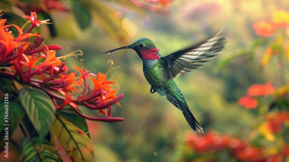 Naklejka premium Beautiful hummingbird in flight near a colorful flower. Suitable for nature and wildlife themes