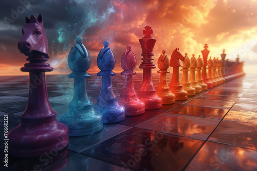 A colorless chessboard evolving into a spectrum of hues as players engage in a strategic and colorful battle. Concept of strategic diversity. Generative Ai. photo
