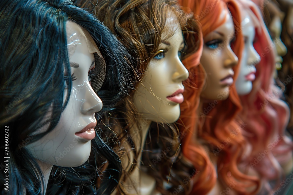 Obraz premium Different colors of wigs on mannequin heads in fashion store