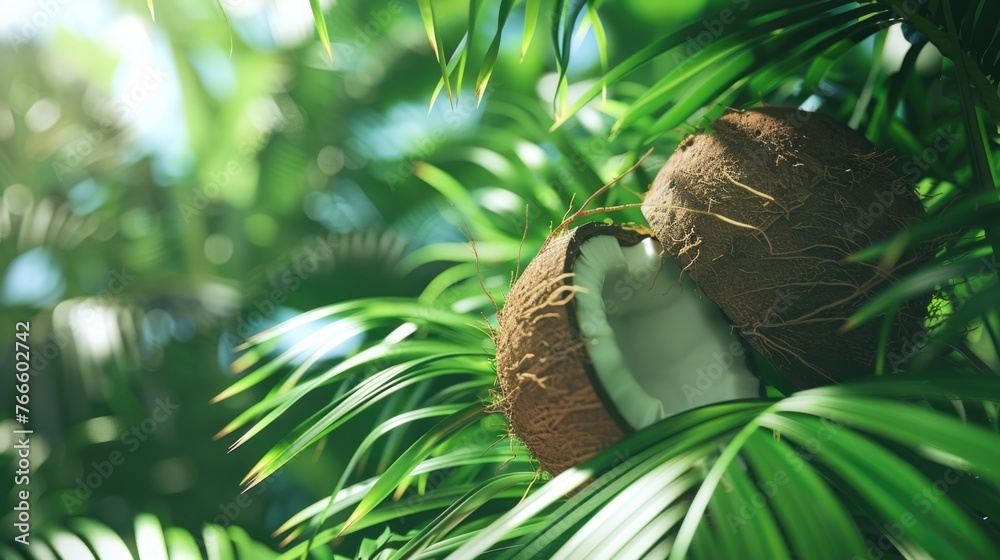 Detailed view of a ripe coconut on a tree. Suitable for tropical themes - obrazy, fototapety, plakaty 