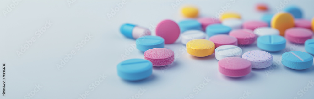 Variety of multicolored tablets scattered on a light blue background with copy space. Medical and health concept. Design for healthcare advertisement, pharmaceutical brochure, medical poster. Variety of multicolored tablets scattered on a light blue background with copy space. Medical and health concept. Design for healthcare advertisement, pharmaceutical brochure, medical poster.