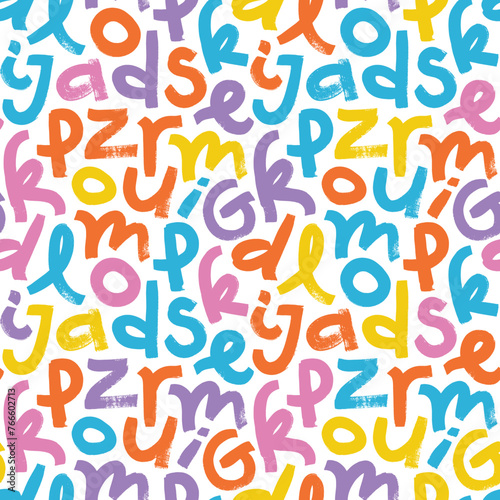 Seamless pattern with colorful childish brush drawn letters. Handdrawn kid colored sans serif letters.