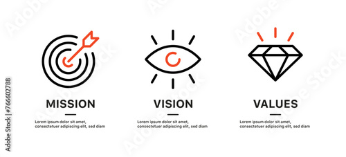 Mission, Vision and Values Icon Set. Rocket launch, Target, Diamond, eye, icon symbol. company purpose flat icons. business creative concept with 3 steps. web page template