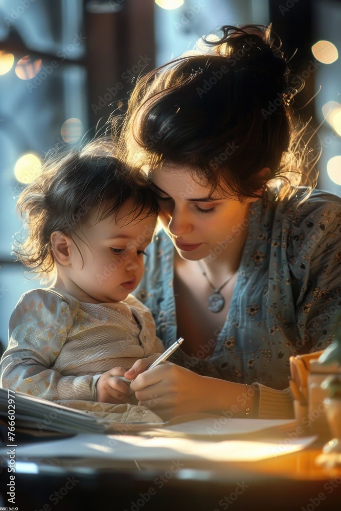 A woman holding a baby while writing in a book. Suitable for family, education, and parenting concepts A woman holding a baby while writing in a book. Suitable for family, education, and parenting concepts