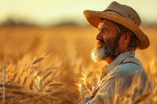 Smiling man with straw hat in wheat field. Side view close-up during golden hour. Farming and agricultural lifestyle concept. Design for greeting card  poster. Outdoor portrait with copy space