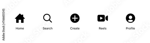 Social network app, Address, home icon. Search icon. Create new icon. video reels icon. profile icon - Web icons set. vector app interface