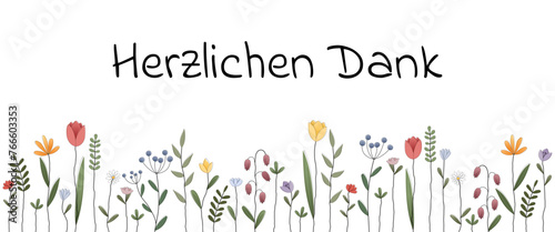 Herzlichen Dank - Schriftzug in deutscher Sprache. Dankeskarte mit bunten Frühlingsblumen.
