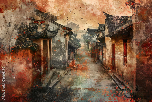 An abstract background that reflects the charm and elegance of Chinese style. The image features a mix of warm colors and rustic textures photo