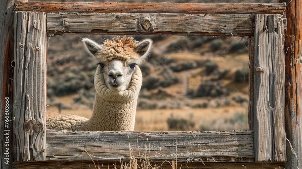 Obraz premium A llama peering through a wooden frame in a field. Suitable for animal and nature concepts