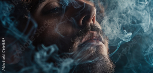 A man exhaling smoke from a cigarette. Ideal for illustrating addiction or relaxation