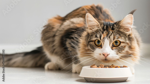 A cat is eating food from a white bowl. The cat is looking at the camera.