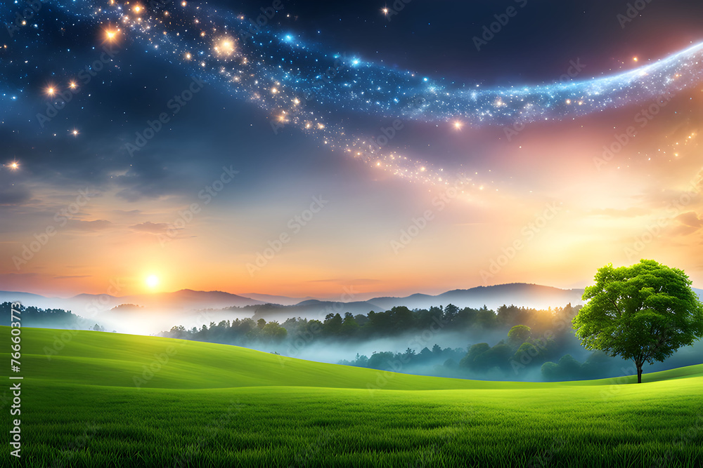 sunrise over the green meadow field with dreamlike galaxy sky, abstract nature banner wallpaper design sunrise over the green meadow field with dreamlike galaxy sky, abstract nature banner wallpaper design