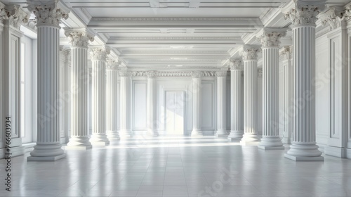 3d illustration Empty white long room with big columns building background. AI generated image