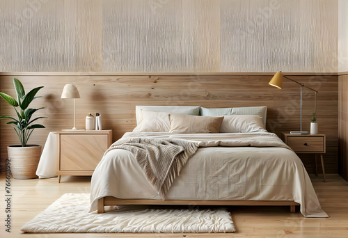 Creative Interior Design Mock-up of a Bedroom, A simple bedroom mockup with a wooden headrest, Modern Scandinavian interior design bedroom with comfortable king size bed, 