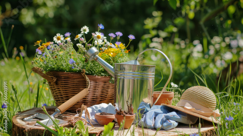A quaint gardening set with a wicker basket and colorful blooms is arranged on a tree stump.