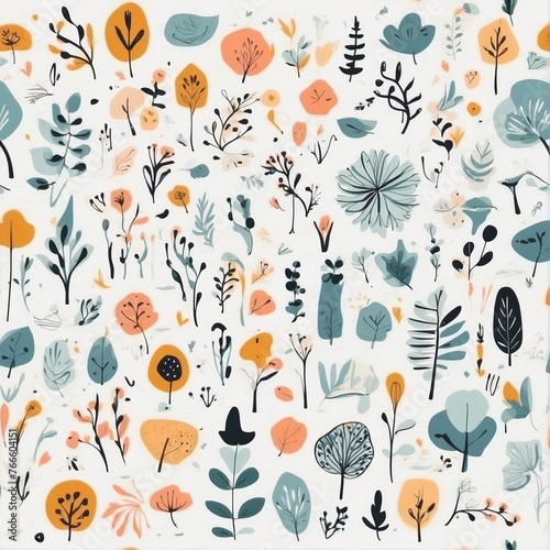 A collection of seamless pattern, colorful abstract plants and flowers. Hand drawn Collection of leaves and flowers. A close up of a pattern of flowers and leaves.
