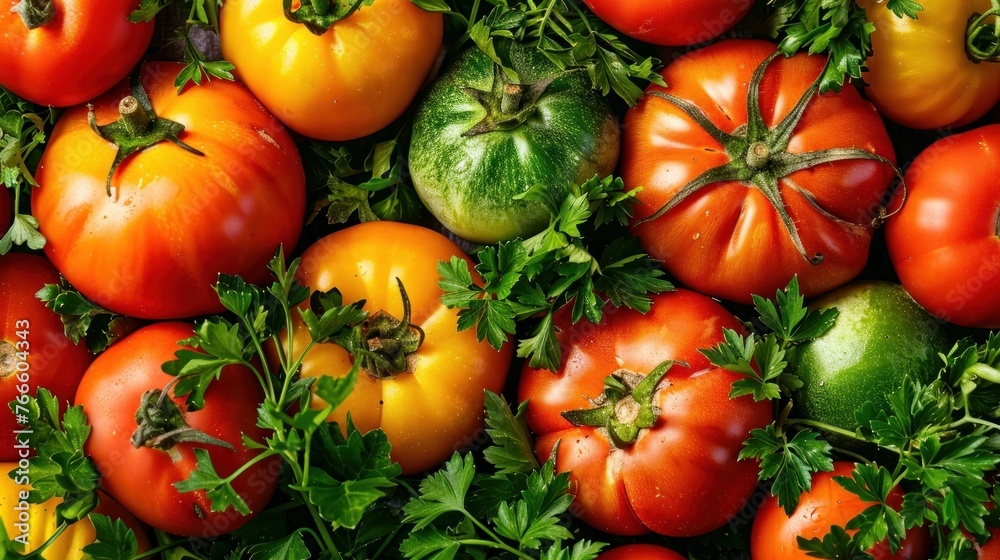 Various colors of fresh tomatoes and parsley arranged in a top-down view.