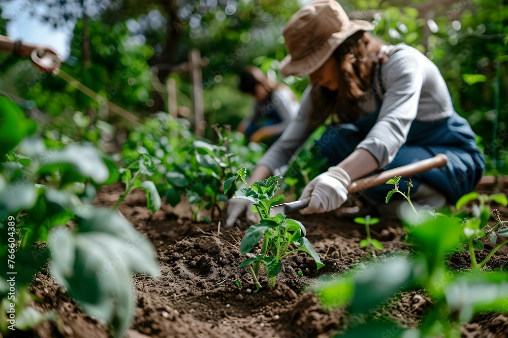 A gardener planting in a backyard garden while a woman uses a hand shovel to plant seedlings. Concept Gardening, Planting Seeds, Backyard Garden, Hand Shovel, Seedlings