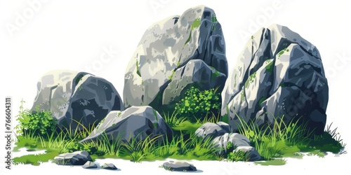 A group of rocks on a lush green field, ideal for nature backgrounds