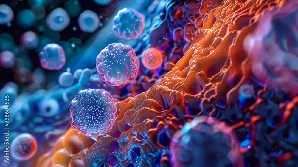 A close up of a cell with two red spheres in the middle. The cell is surrounded by a blue and orange background. A close up of a cell with two red spheres in the middle. The cell is surrounded by a blue and orange background.