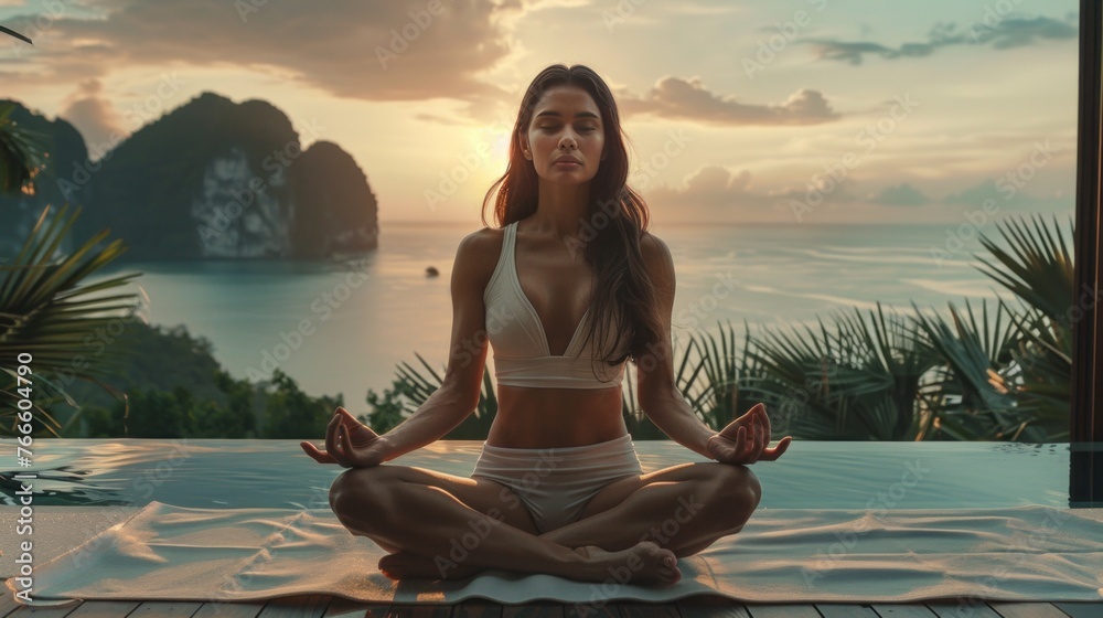 Portrait of beautiful woman does yoga in Thailand on the terrace