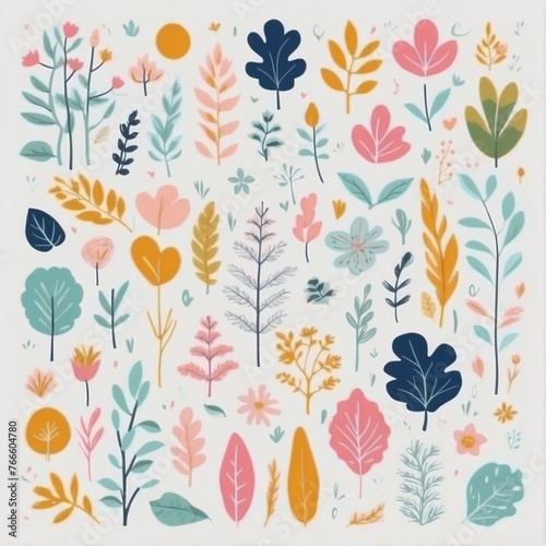 A collection of seamless pattern  colorful abstract plants and flowers. Hand drawn Collection of leaves and flowers. A close up of a pattern of flowers and leaves. 