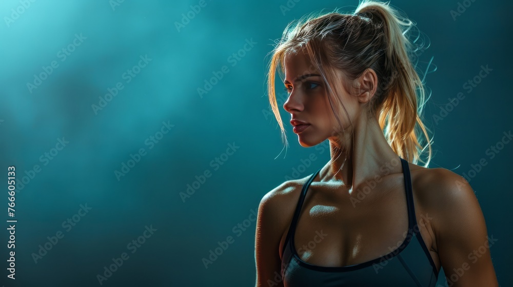 portrait of beautiful athletic fitness woman, fit slim body, healthy concept, with copy space - obrazy, fototapety, plakaty 