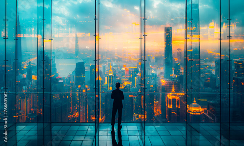 A solitary figure stands before floor-to-ceiling windows, gazing out over a sprawling cityscape bathed in the fiery hues of sunset, with reflections multiplying the vivid colors.