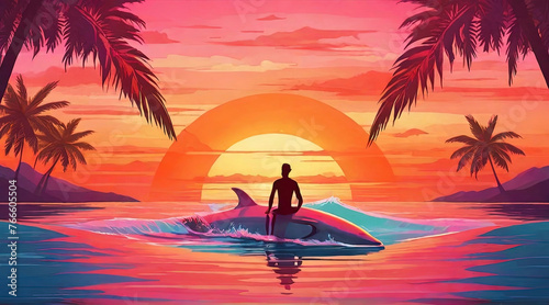 The silhouette of a man sitting on a dolphin against the background of a sea sunset