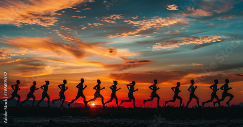 Silhouetted Runners at Sunset in Scenic Landscape. A group of runners in silhouette against a dramatic sunset sky, illustrating endurance and fitness.