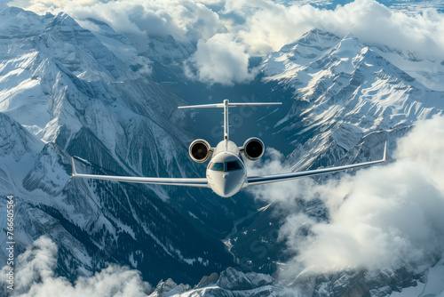A private jet airplane flying over the Swiss Alps