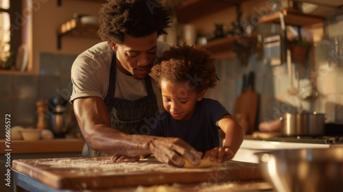 A toddler assists in baking, guided by a parent in a warm kitchen setting.