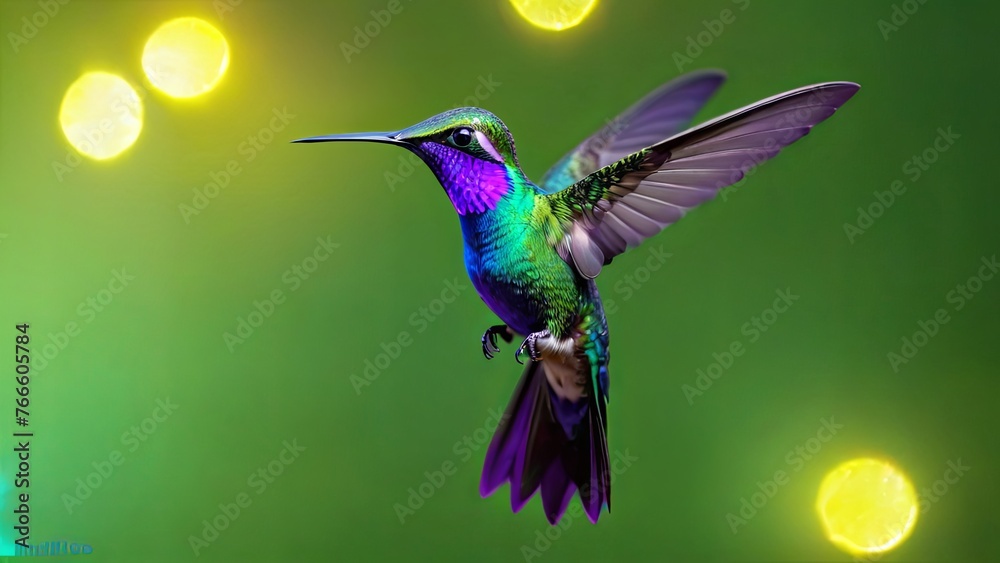 Fototapeta premium Iridescent Hummingbird in Flight Against a Luminous Green Backdrop