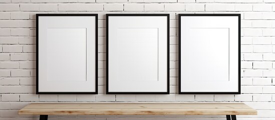Three empty picture frames are placed on a rustic wooden bench situated against a textured brick wall