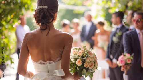 A bride holding a bouquet faces the groom with bridesmaids in the background.
